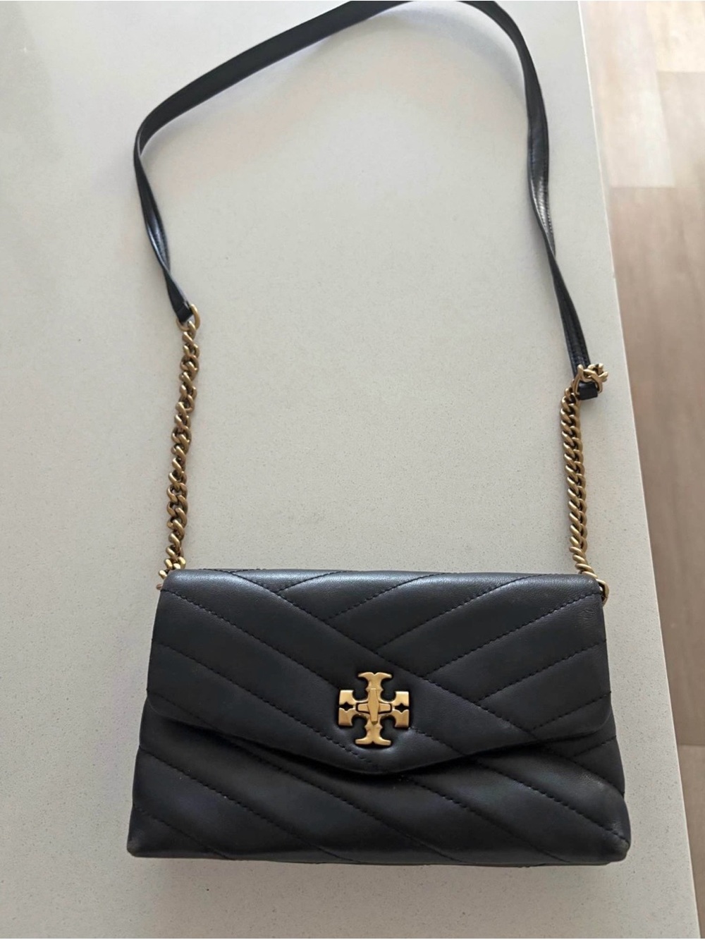 Tory Burch Black Quilted Leather Crossbody with Gold Logo Accent